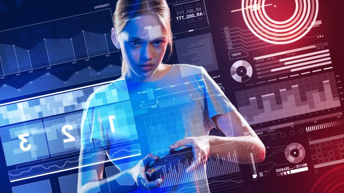Modern Video Games. Calm Serious Young Girl Standing With A Game